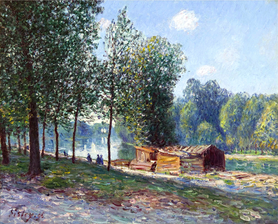 Cabanes au Bord Du Loing, Effet Du Matin by Alfred Sisley, oil painting reproduction on canvas Cabanes au Bord Du Loing, Effet Du Matin