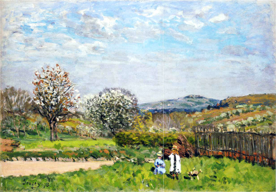 Children Playing in the Fields by Alfred Sisley, oil painting reproduction on canvas Children Playing in the Fields