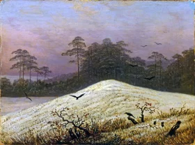 Snow Covered Hill with Ravens