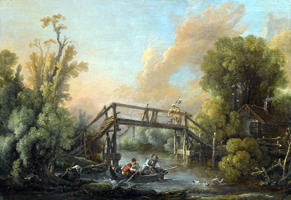 A river landscape with a Woman Crossing a Bridge and Three Men In a Boat on the river below