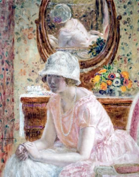 Young Girl Before A Mirror In A Pink Dress