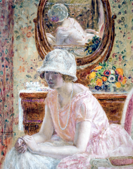 Young Girl Before A Mirror In A Pink Dress
