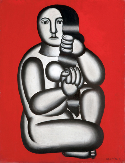 Femme sur fond rouge, femme assise