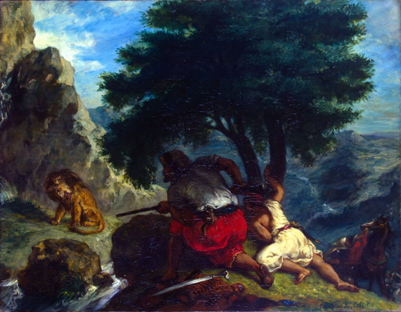 Lion Hunt in Morocco by Eugene Delacroix, oil painting reproduction on canvas Lion Hunt in Morocco