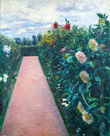 Garden Path with Dahlias in Petit Gennevilliers by Gustave Caillebotte, oil painting reproduction on canvas Garden Path with Dahlias in Petit Gennevilliers