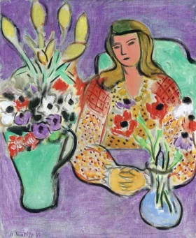 Jeune fille aux anémones sur fond violet