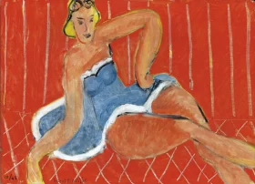 Danseuse assise sur une table, fond rouge