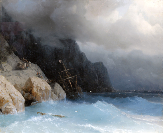 Survivors of a shipwreck on a rocky path