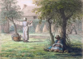 Seated Nymph with Flutes Woman Hanging Laundry 1858