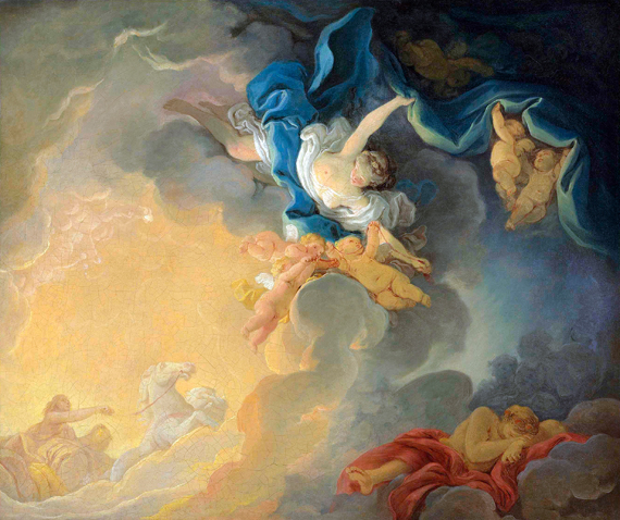 The goddess Aurora triumphs over night, Apollo in his chariot, Morpheus sleeps