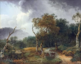 A wooded landscape with milkmaids and their cattle sheltering from a shower