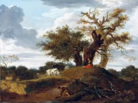 A wooded landscape with figures at the edge of a pond