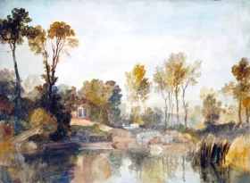 House beside the River, with Trees and Sheep