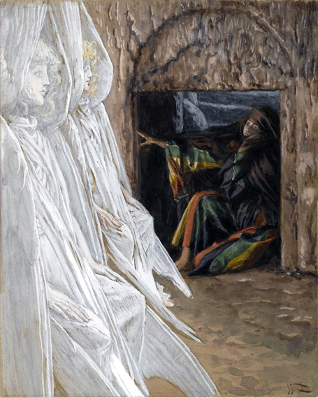 Mary Magdalene Questions the angels in the tomb by James Tissot, oil painting reproduction on canvas Mary Magdalene Questions the angels in the tomb