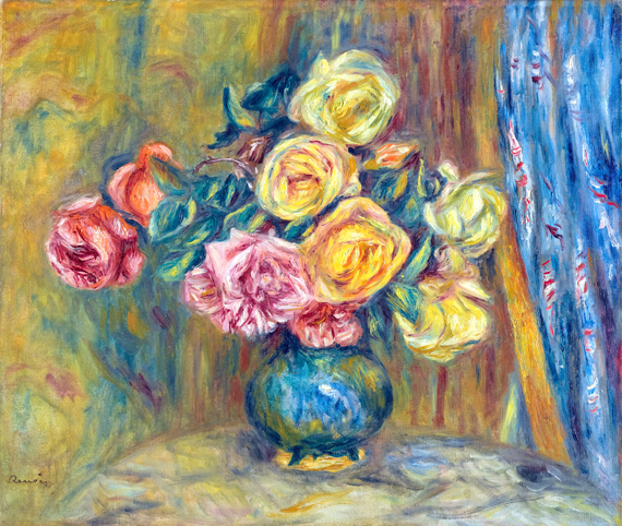 Les Roses Au Rideau Bleu by Pierre Auguste Renoir, oil painting reproduction on canvas Les Roses Au Rideau Bleu