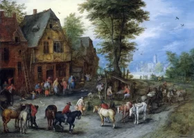 Placeholder-FB0227 A Village Landscape With Horses, Carts And Figures Before Cottages
