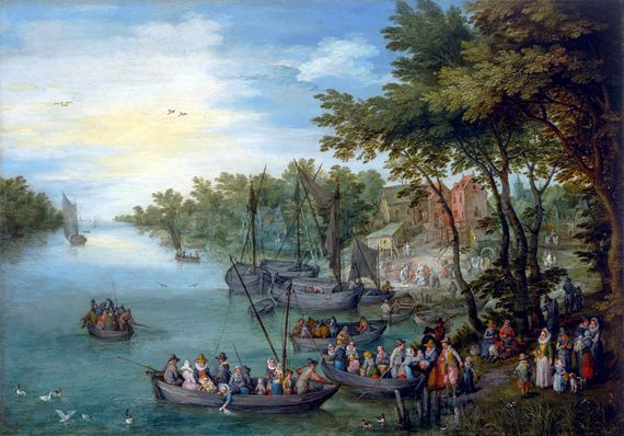 A Wooded River Landscape With A Landing Stage, Boats, Various Figures And A Village Beyond