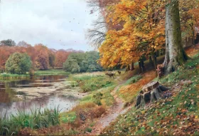 Autumn Day in the Forest, Red Deer by a Lake, 1918