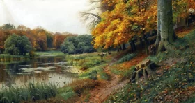 Autumnal wooded river landscape with deer, 1918