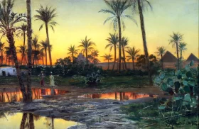 Evening landscape by Betresine with people in an oasis, In the background pyramids 1897