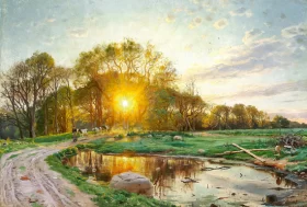 The sun sets behind the trees, summer 1897