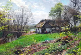 Summer Day with Children Playing behind a Thatched Farm 1924