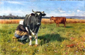The cow is milked in the warm summer weather, 1923