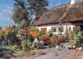 A Cottage Garden with Chickens 1919