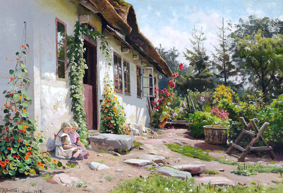 Little girls in the sunshine in a blooming garden behind a farm 1918