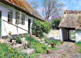 Summer day at a thatched farm with two children sitting on the stairs in the sunshine 1929