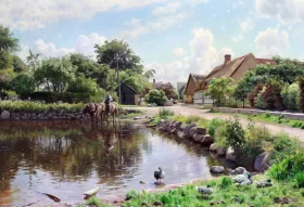 The horses are being watered in the village pond, 1929