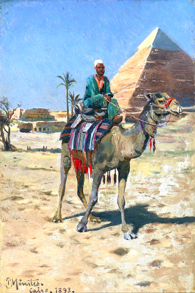 Bedouin riding on a camel near a pyramid, 1893 by Peder Mørk Mønsted, oil painting reproduction on canvas Bedouin riding on a camel near a pyramid, 1893