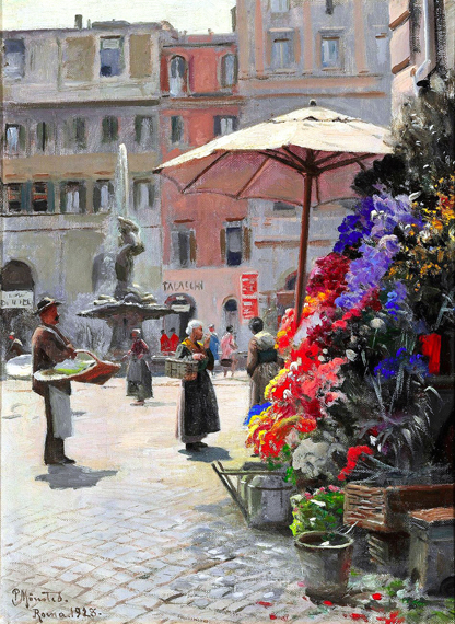 View of Piazza Barberini in Rome with a flower stand and the Triton Fountain 1928 by Peder Mørk Mønsted, oil painting reproduction on canvas View of Piazza Barberini in Rome with a flower stand and the Triton Fountain 1928