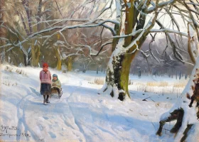 Children playing with sleighs in Dyrehaven 1924