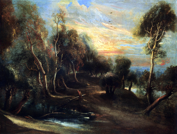 A Wooded Landscape at Sunset