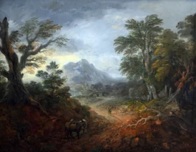 Forest landscape with figures, bridge, donkeys, mountain