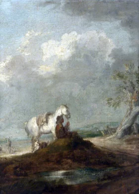 A Traveller Seated on a Country Road, Holding a White Horse