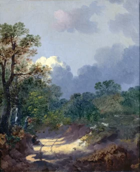 Treelike landscape with a resting shepherd by a sunny path and sheep