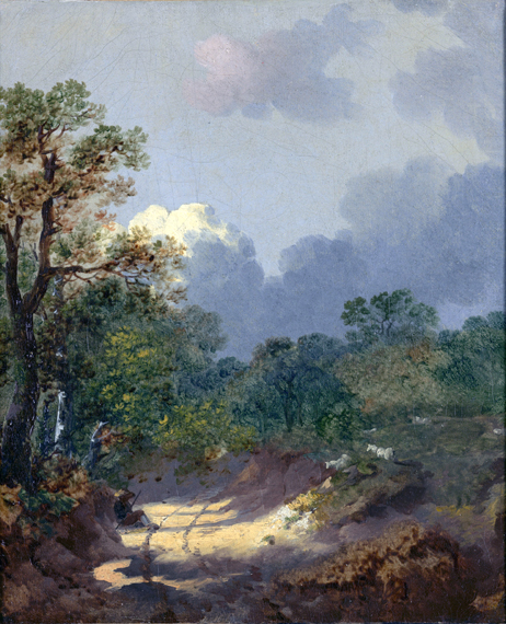 Treelike landscape with a resting shepherd by a sunny path and sheep