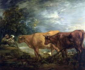 Wooded landscape with rustic lovers and two cows
