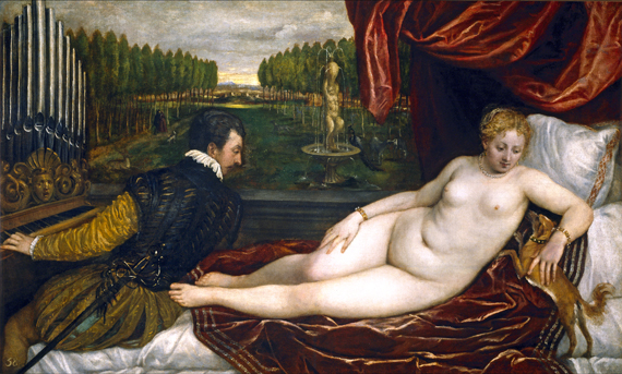 Venus and organist and little dog 1550 by Titian Vecellio, oil painting reproduction on canvas Venus and organist and little dog 1550