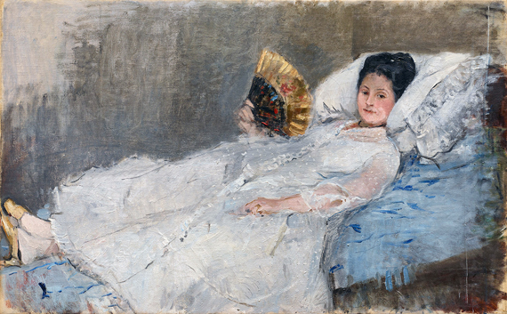 Lady with fan, Portrait of Madame Marie Hubbard 1874 by Berthe Morisot, oil painting reproduction on canvas Lady with fan, Portrait of Madame Marie Hubbard 1874