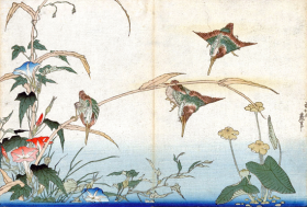Kingfishers, Reeds, and Morning Glories