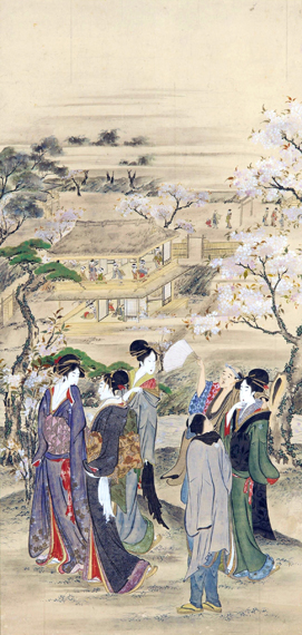 Men and women looking at cherry blossoms