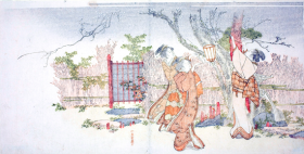 Three women beneath a plum tree at night