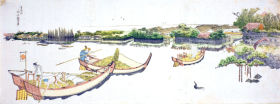 Boats transporting rice on the Sumida River