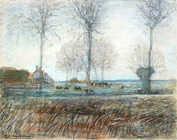 Farm Setting, Three Tall Trees in the Foreground, c. 1907 by Piet Mondrian, oil painting reproduction on canvas Farm Setting, Three Tall Trees in the Foreground, c. 1907