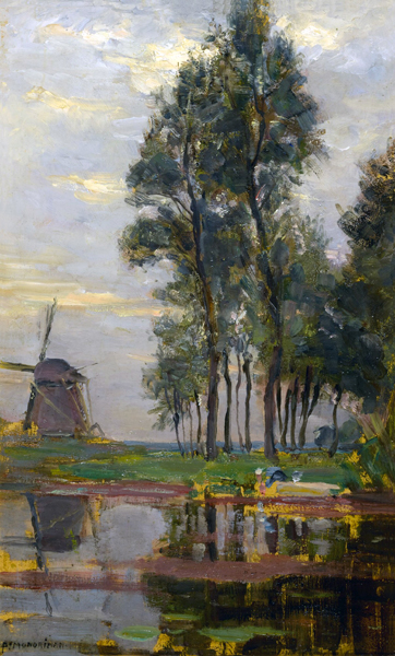 Windmill near Tall Trees with Woman at the Wash Stoop 1907 by Piet Mondrian, oil painting reproduction on canvas Windmill near Tall Trees with Woman at the Wash Stoop 1907