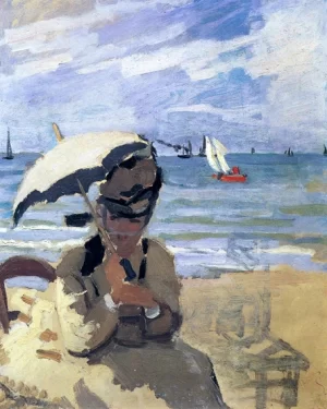 Camille Sitting On the Beach at Trouville, 1870 by Claude Monet Camille Sitting On the Beach at Trouville, 1870 by Claude Monet
