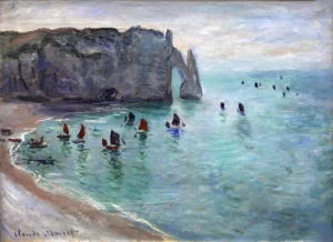 Etretat, the Aval Door, Fishing Boats Leaving the Harbour, 1885 by Claude Monet Etretat, the Aval Door, Fishing Boats Leaving the Harbour, 1885 by Claude Monet
